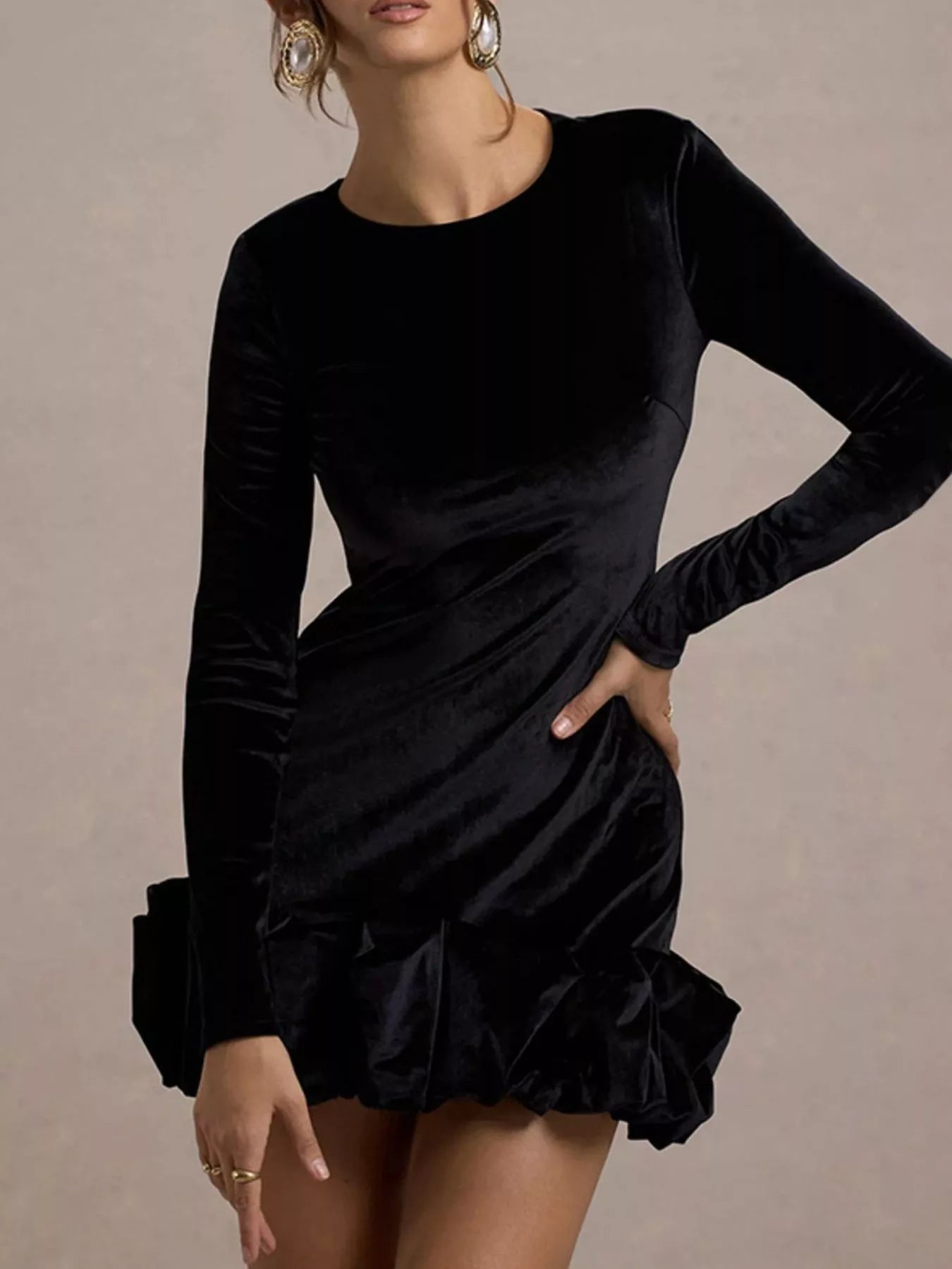 Velvet Ruched Hem Long Sleeve Dress Main image