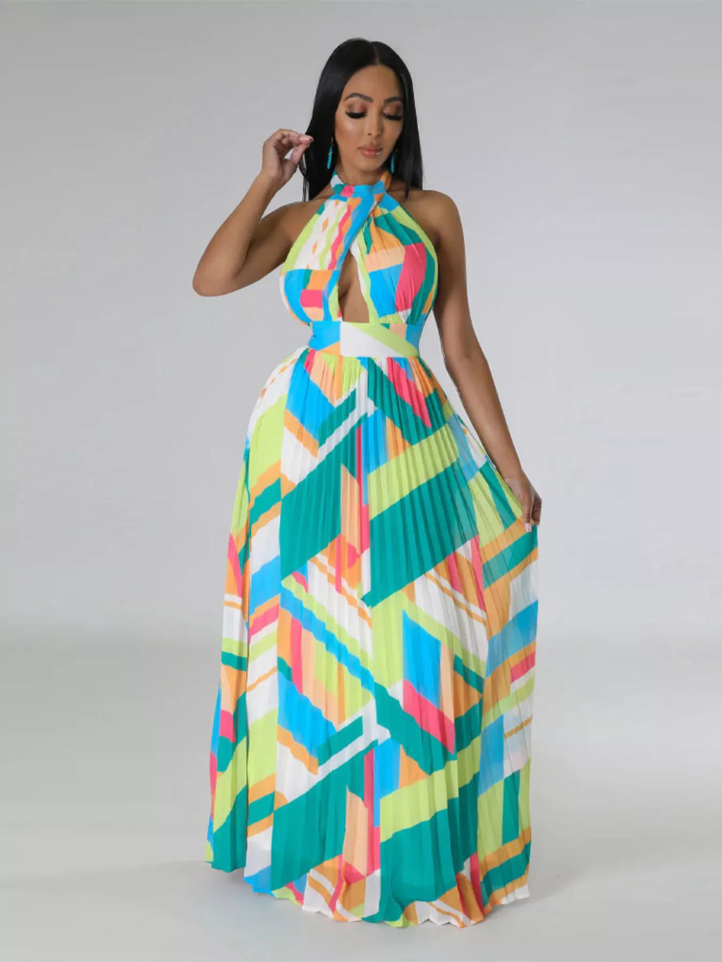 Halter Neck Geometric Print Pleated Maxi Dress - product image 10