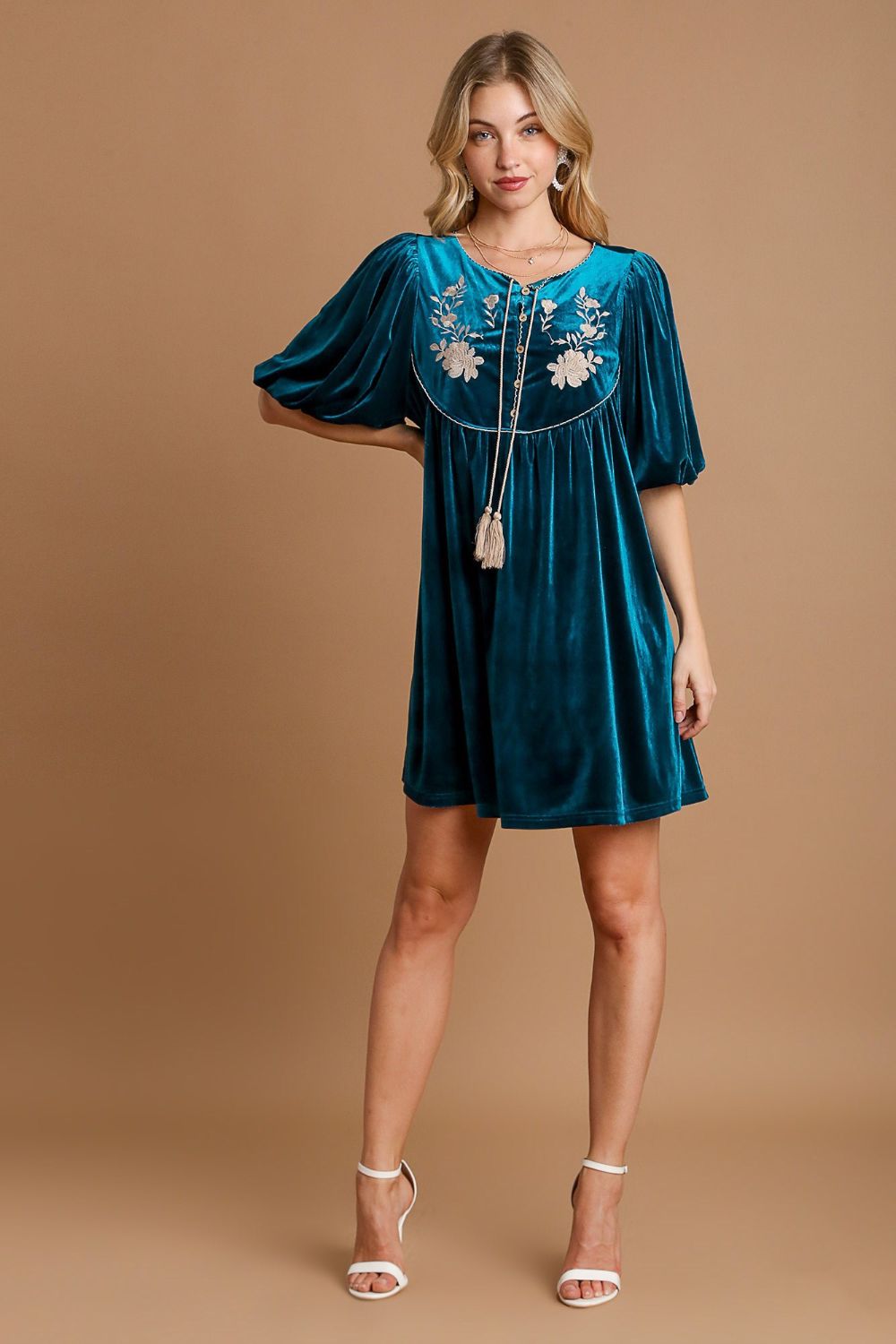 Umgee Embroidered Half Sleeve Velvet Mini Dress with Tassel