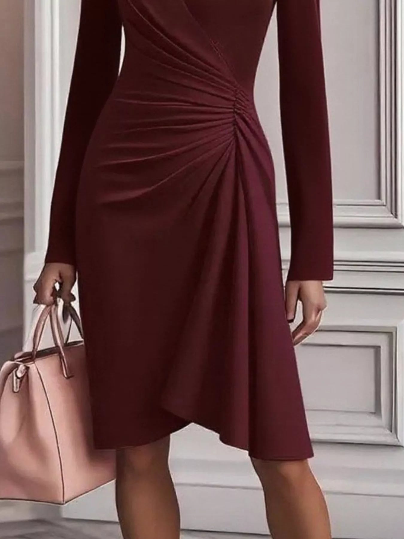 Front Ruched V-Neck Long Sleeve Dress view 5 - Shopiebay