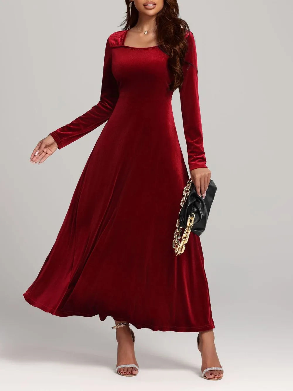 Square Neck Long Sleeve Velvet Dress Main image