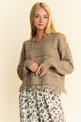 Davi & Dani Fringe Hem Openwork Drop Shoulder Knit Top