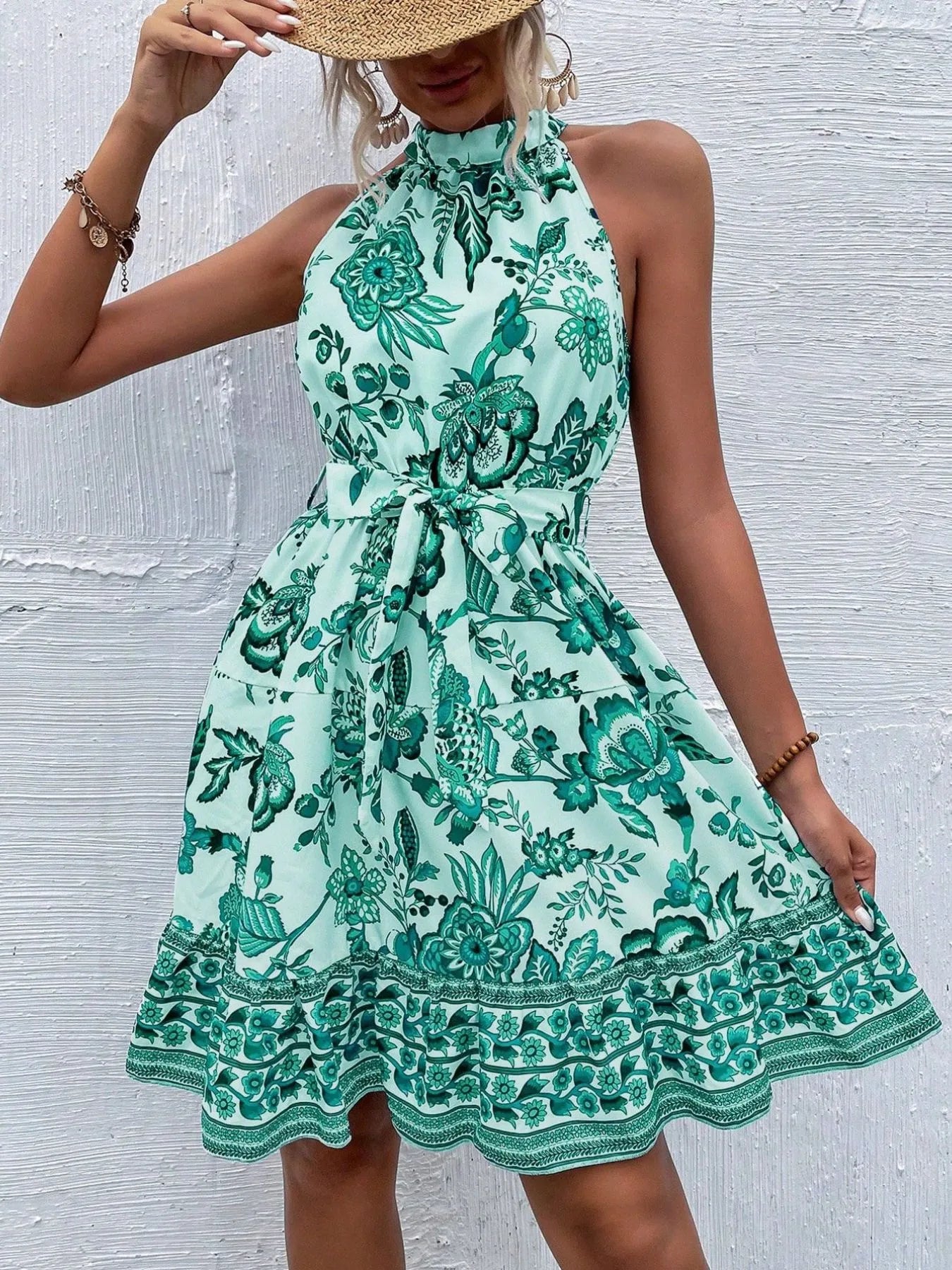 Floral Halter Neck Summer Dress with Belt view 9 - Shopiebay