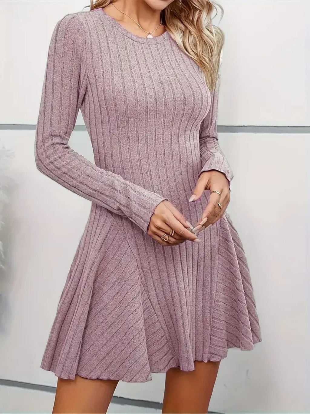 Ribbed Knit Long Sleeve A-Line Dress - product image 13