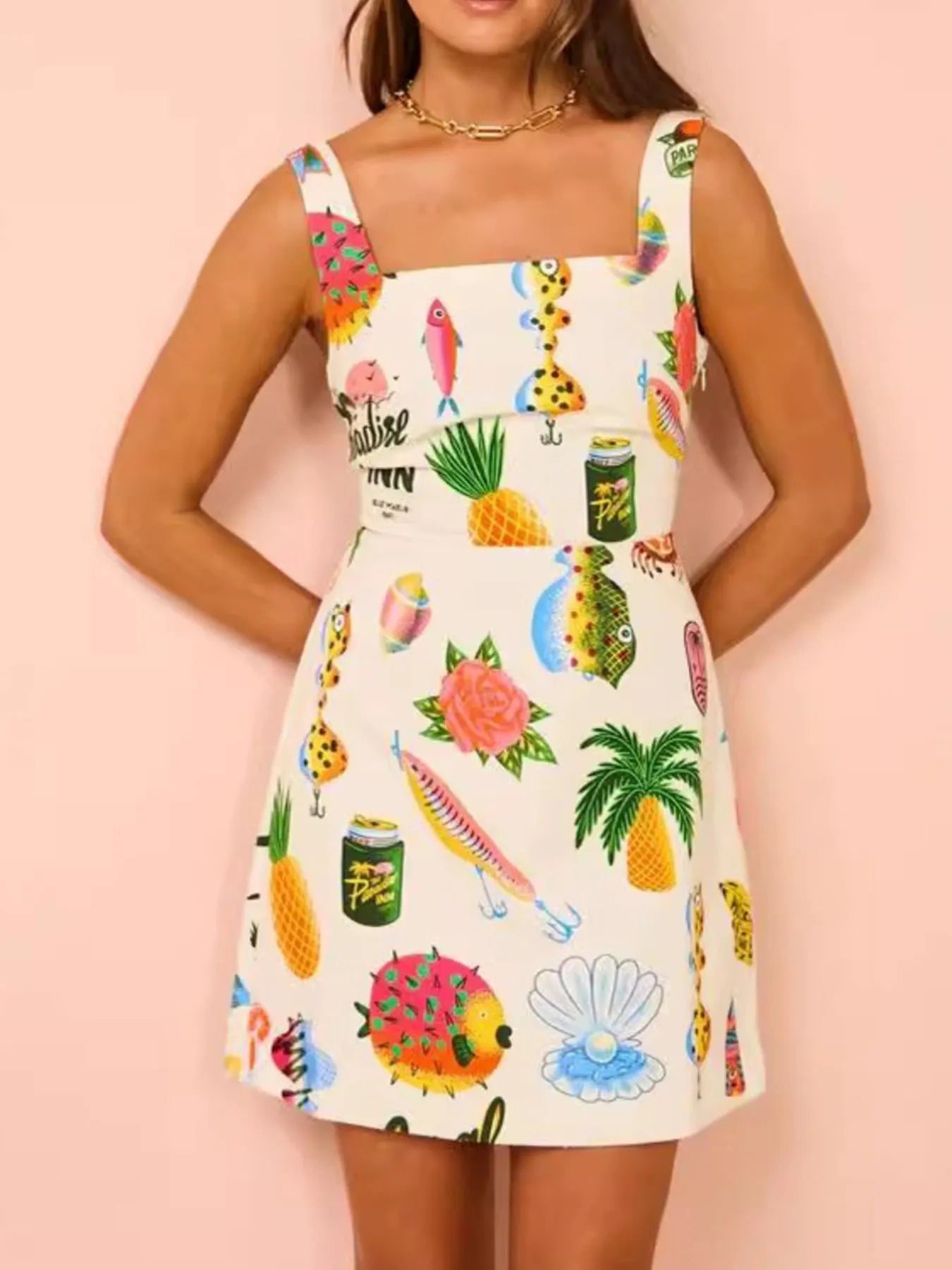 Printed Square Neck Summer Mini Dress Main image
