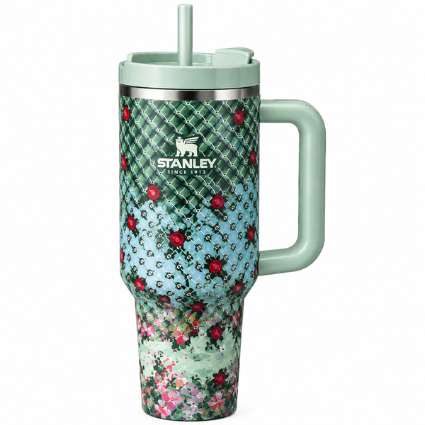 40oz Floral Print Insulated Tumbler with Handle & Straw | Reusable Travel Cup
