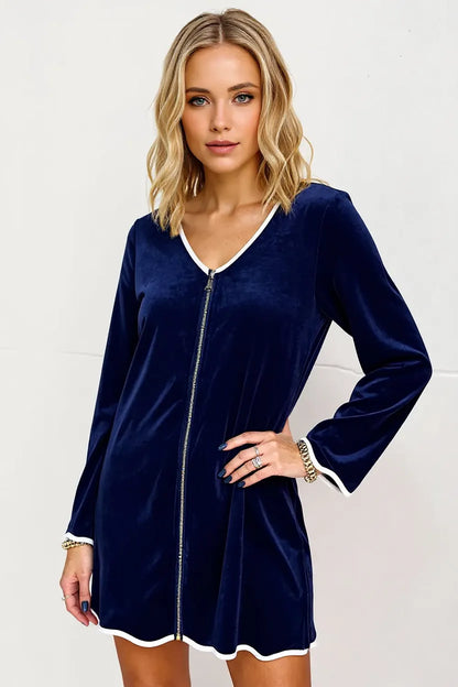 Double Take Wave Contrast Trim V-Neck Zip Up Long Sleeve Mini Dress - Shopiebay women's boutique