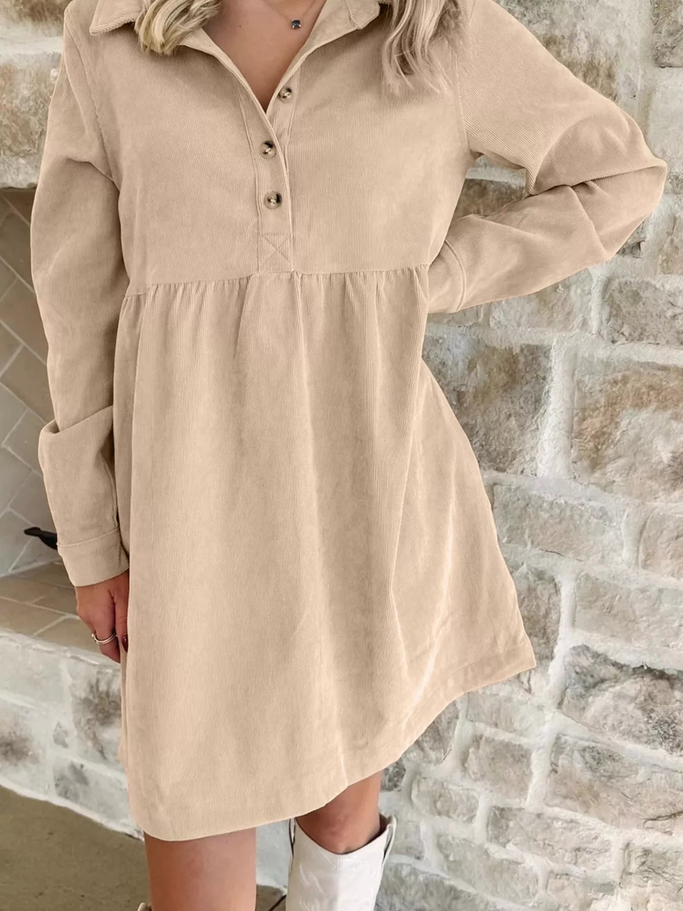 Corduroy Half Button Collared Long Sleeve Mini Dress Main image