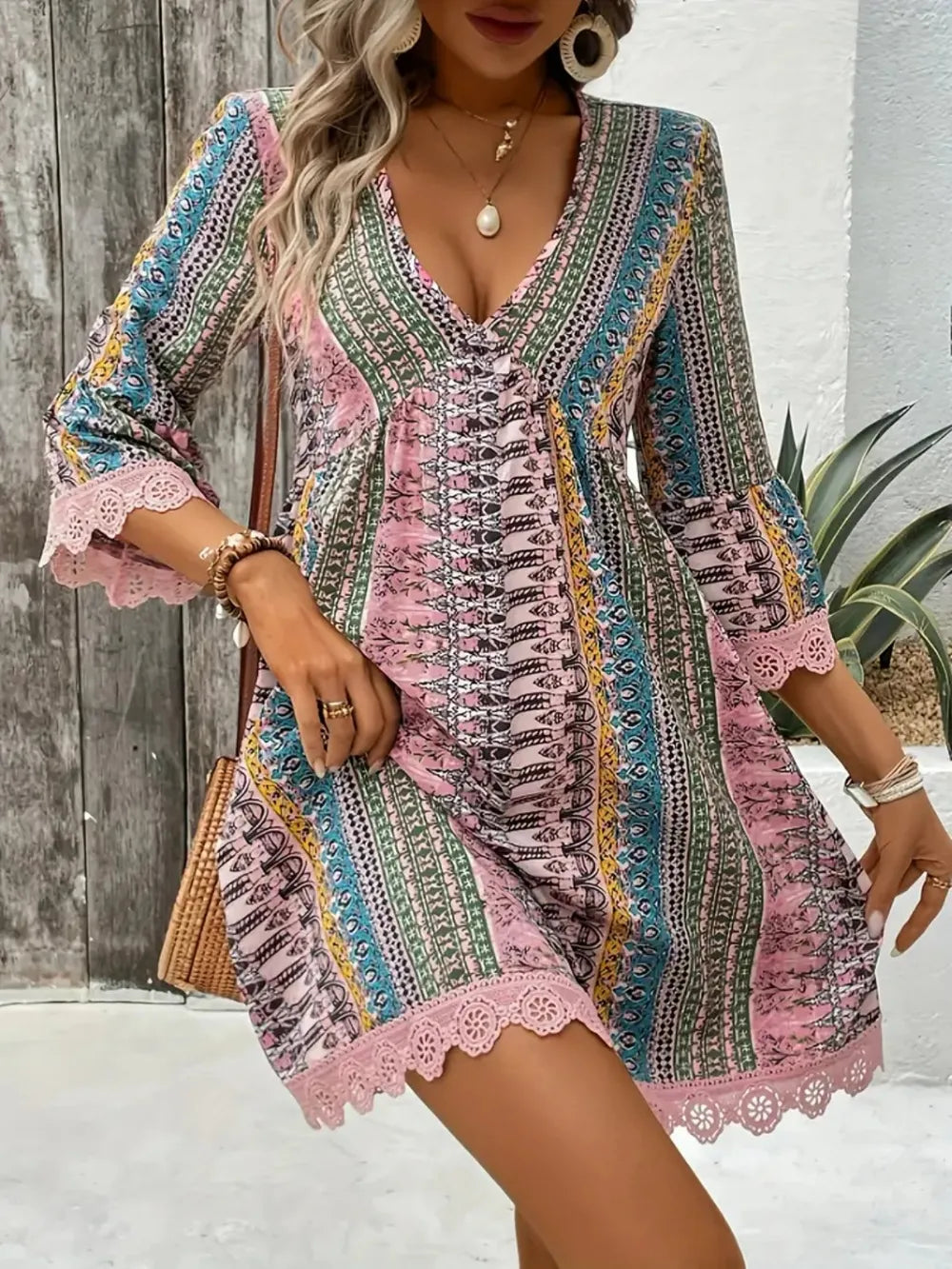 Lace Trim Printed V-Neck 3/4 Sleeve Dress - product image 7
