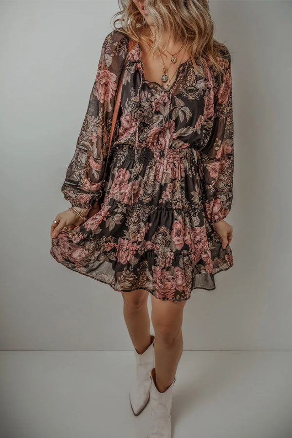 Printed Tie Neck Long Sleeve Mini Dress - product image 3