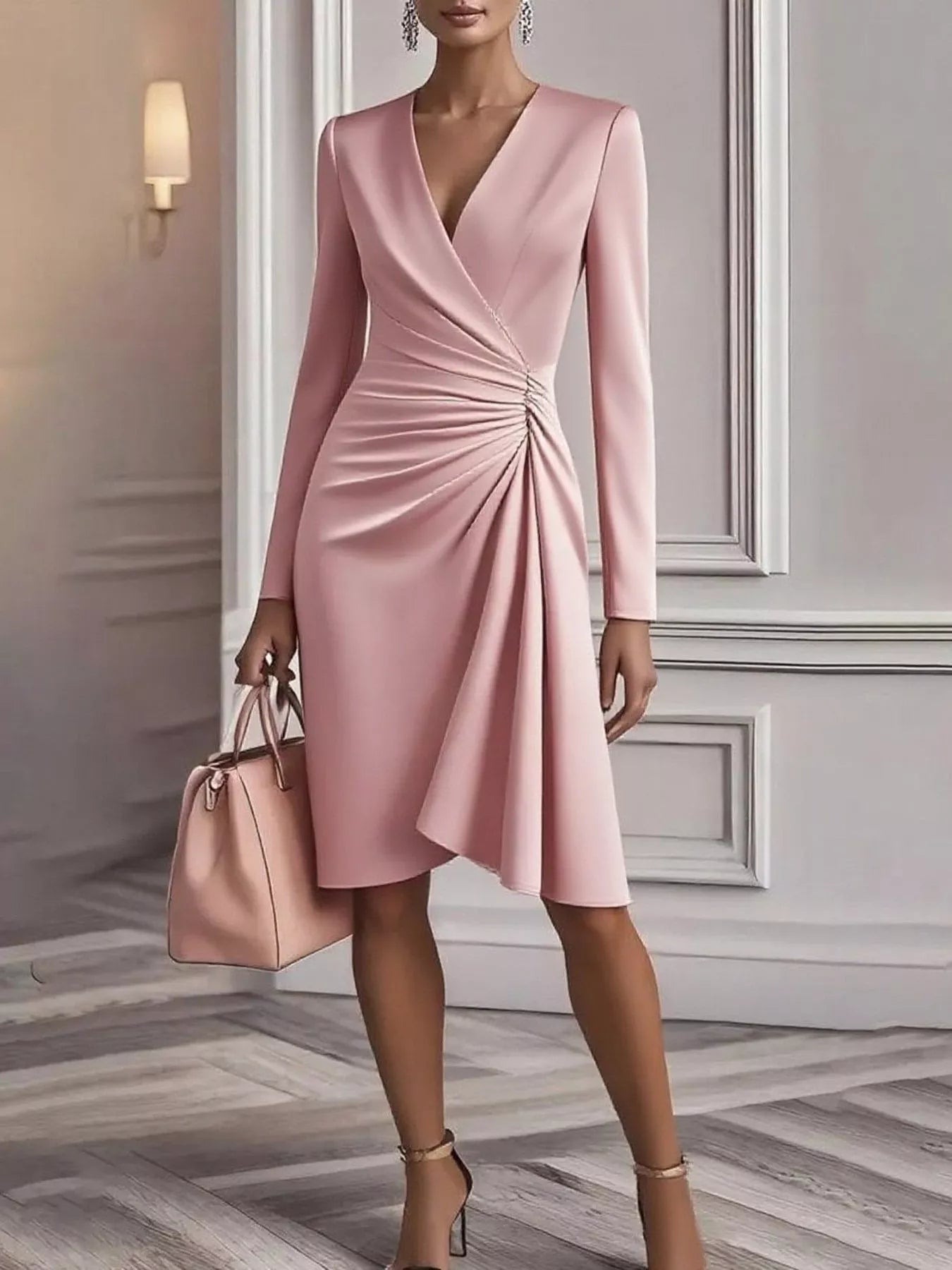 Front Ruched V-Neck Long Sleeve Dress view 8 - Shopiebay