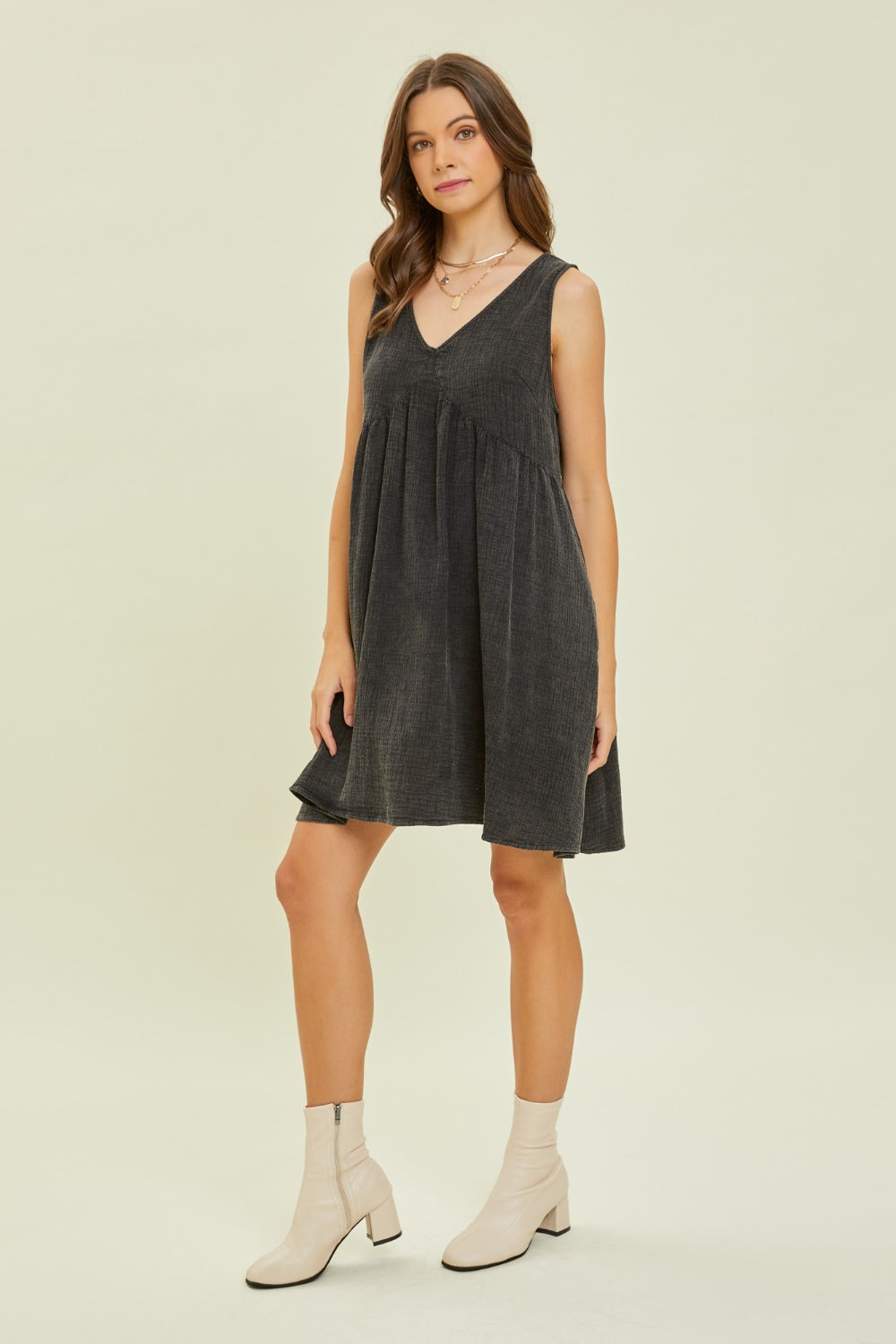 HEYSON Full Size Texture V-Neck Sleeveless Flare Mini Dress