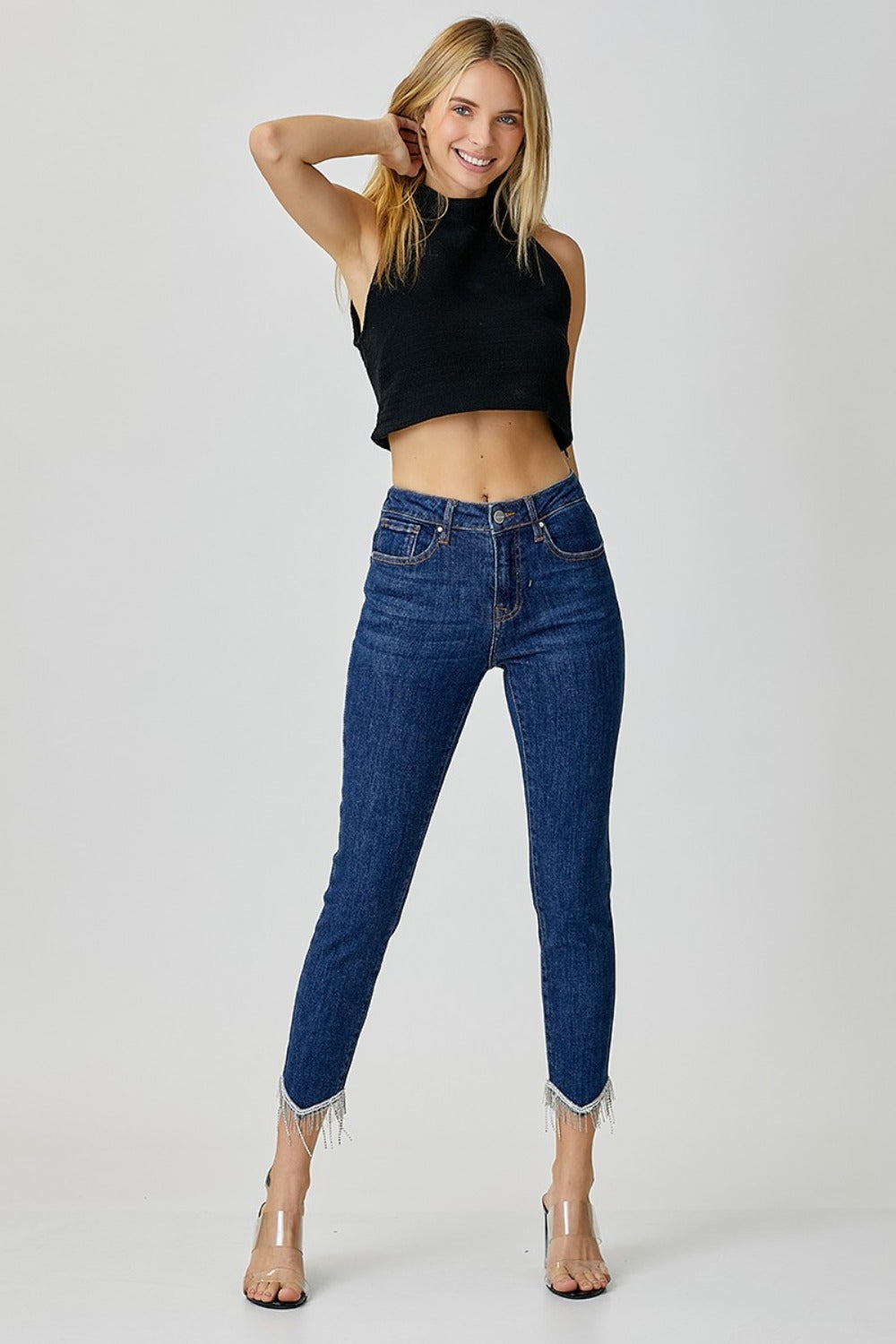 RISEN Full Size Embellished Mid Rise Crop Skinny Jeans