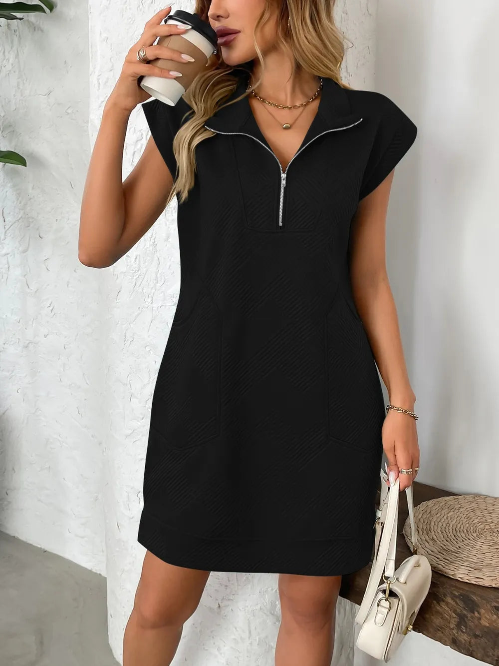 Texture Half Zip Cap Sleeve Mini Dress - product image 13