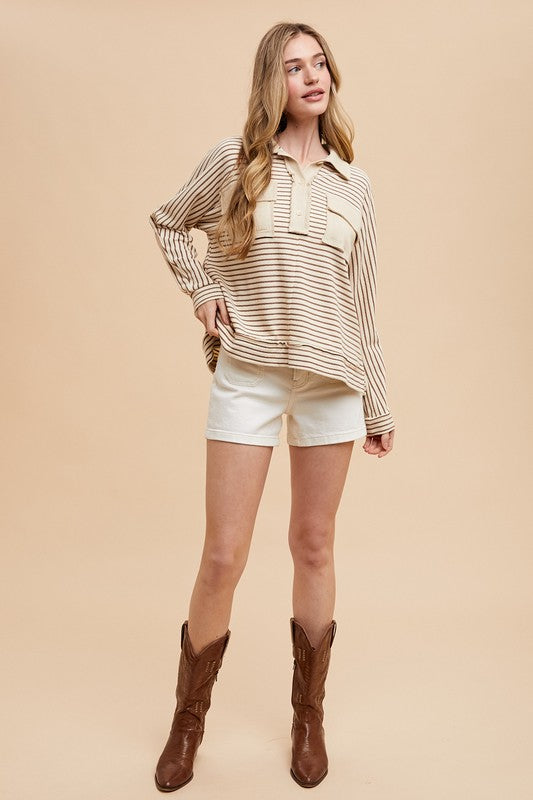 Annie Wear Striped Button Detail Long Sleeve Polo Top