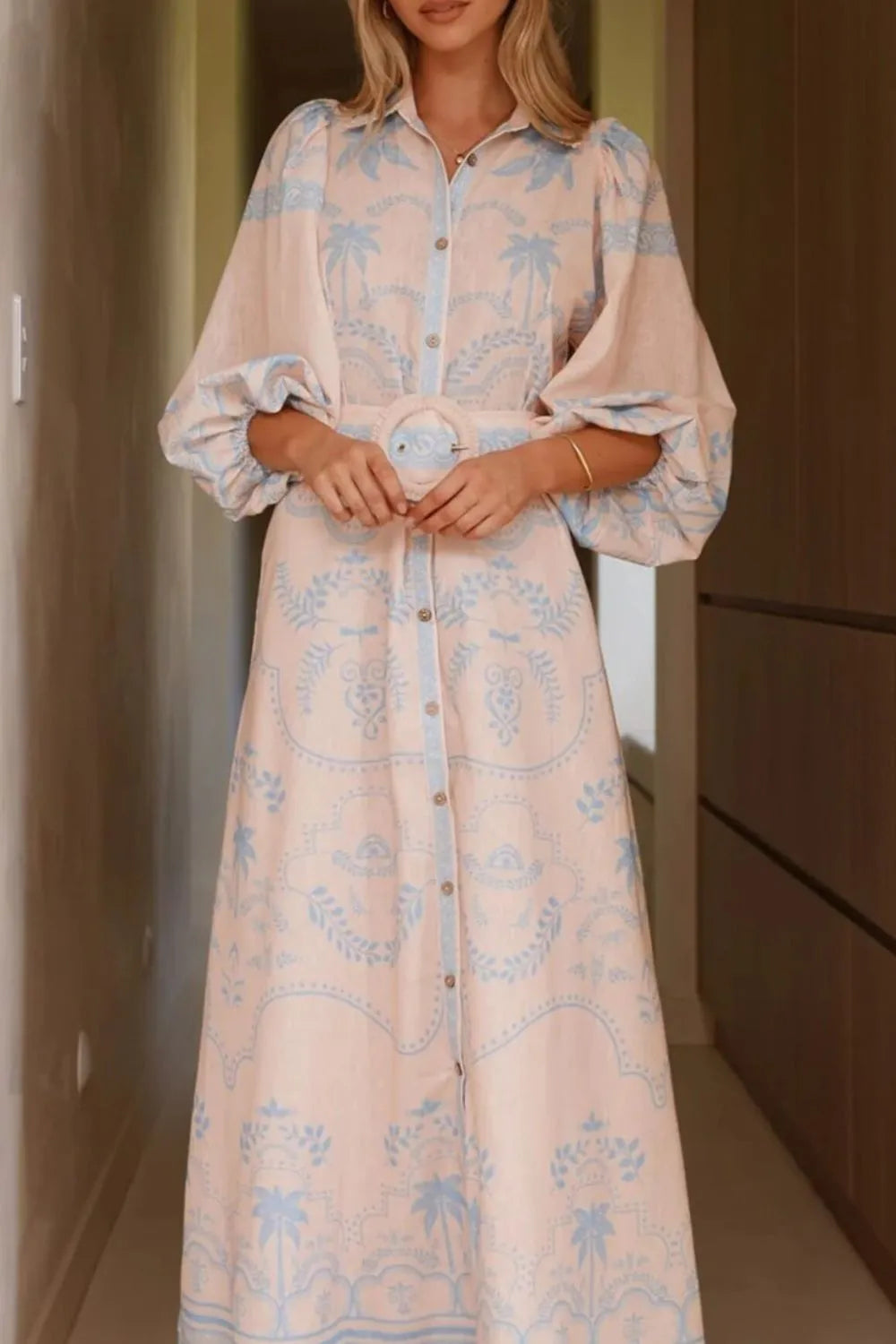 Printed Balloon Sleeve Maxi Shirt Dress - product image 10
