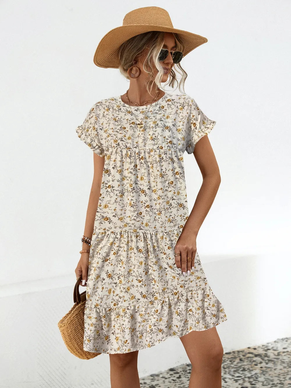 Frill Floral Round Neck Short Sleeve Tiered Dress Main image