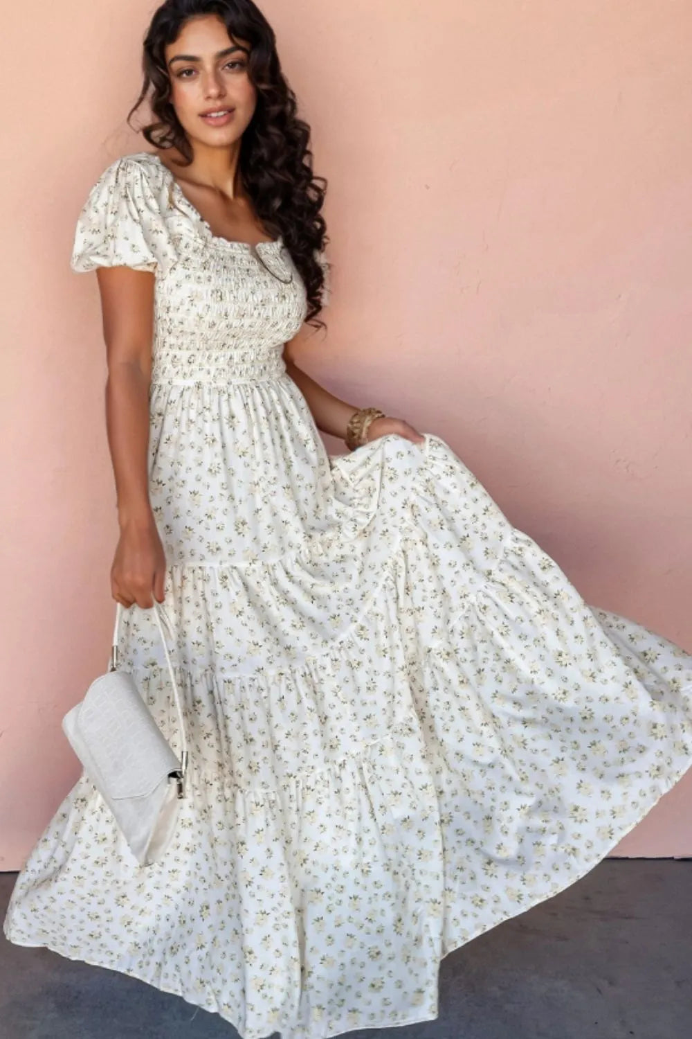 Floral Smocked Short Puff Sleeve Maxi Dress Main image