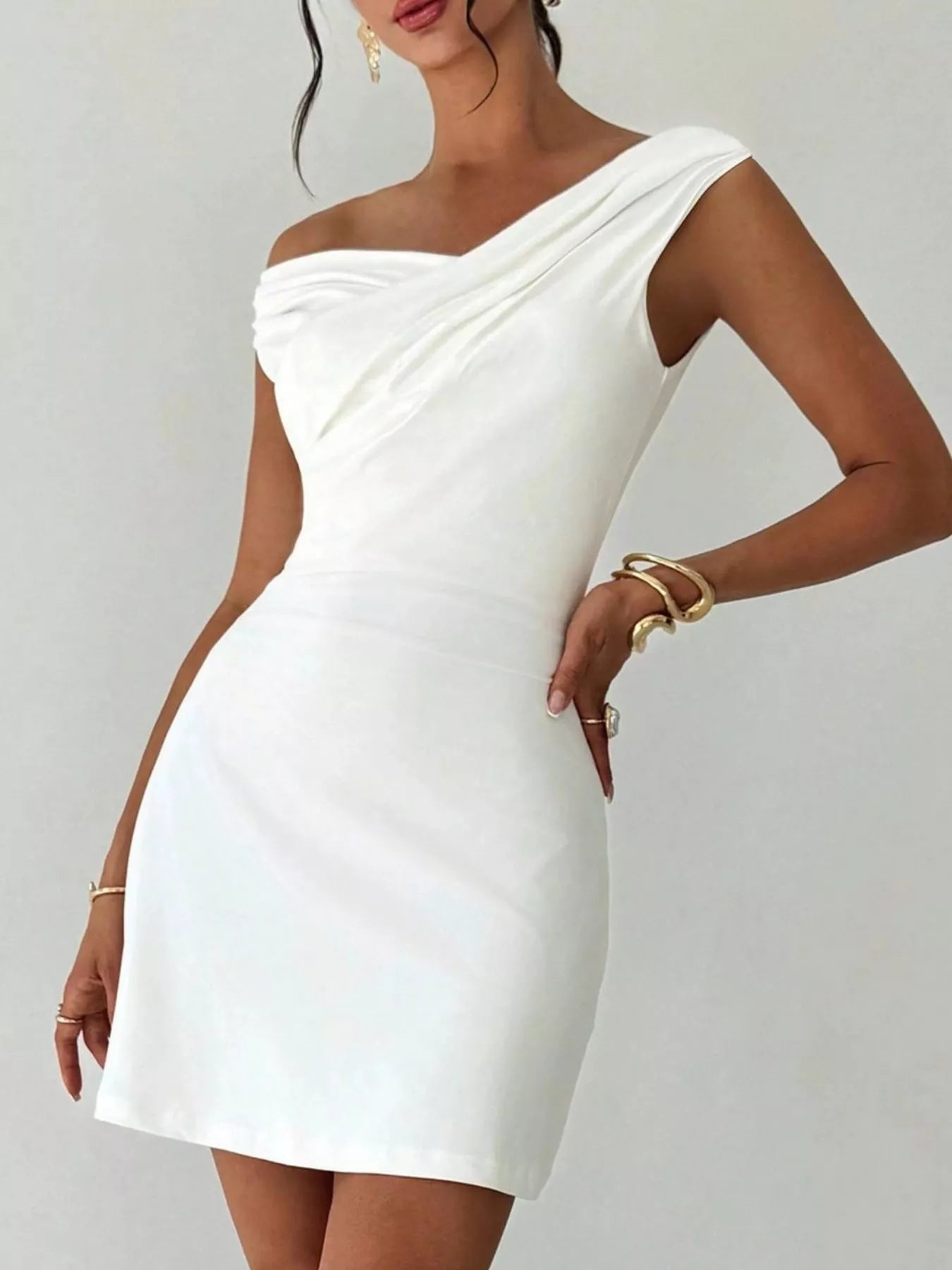 Elegant Off-Shoulder Draped Mini Dress view 3 - Shopiebay