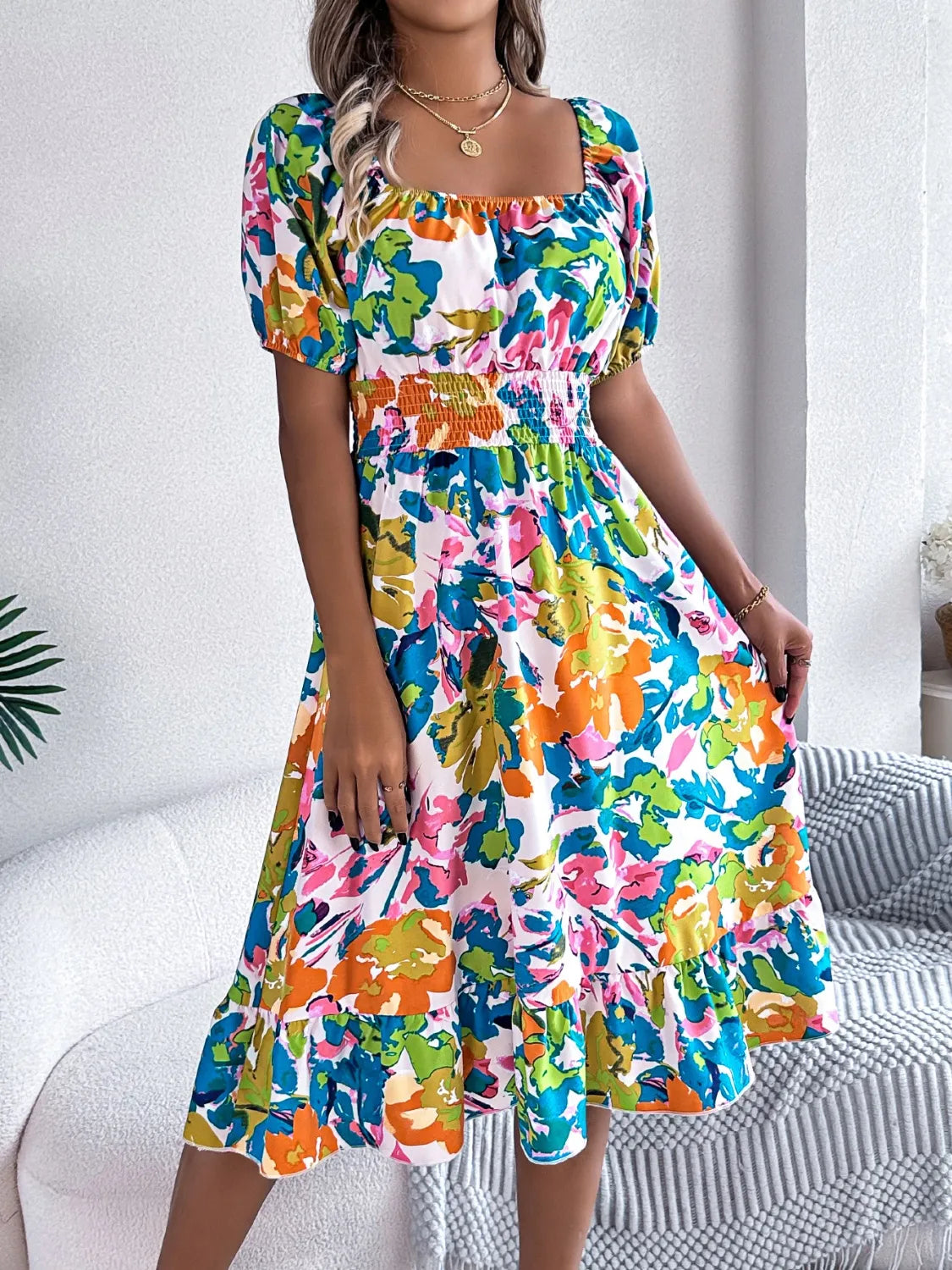 Ruffled Hem Smocked Floral Short Sleeve Midi Dress - product image 7