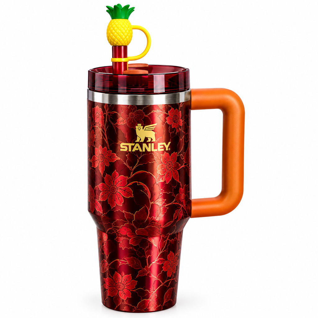 40 oz Insulated Stainless Steel Quencher Tumbler with Handle & Pineapple Straw – Burgundy Floral