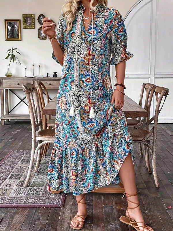 Printed Tie Neck Flounce Sleeve Midi Dress - product image 6
