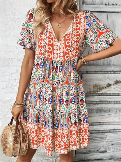Printed Tie Neck Short Sleeve Dress view 7 - Shopiebay