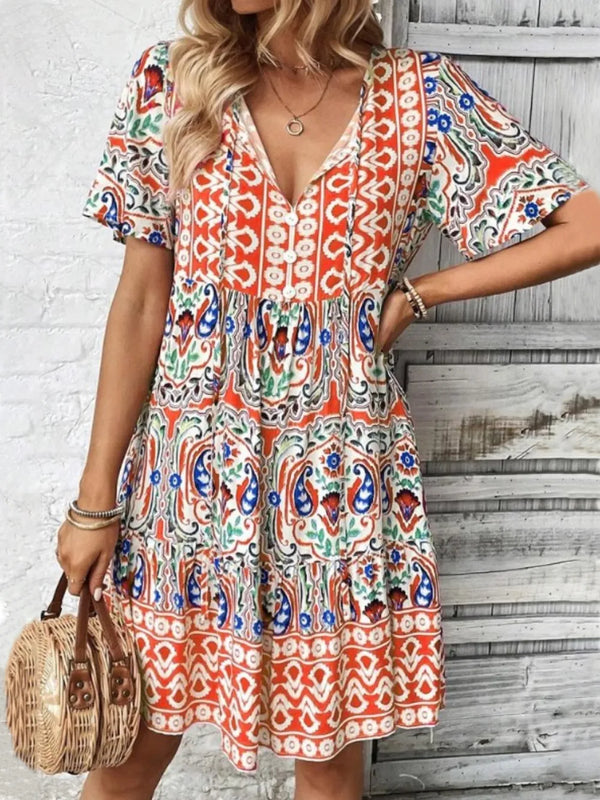 Printed Tie Neck Short Sleeve Dress - product image 7