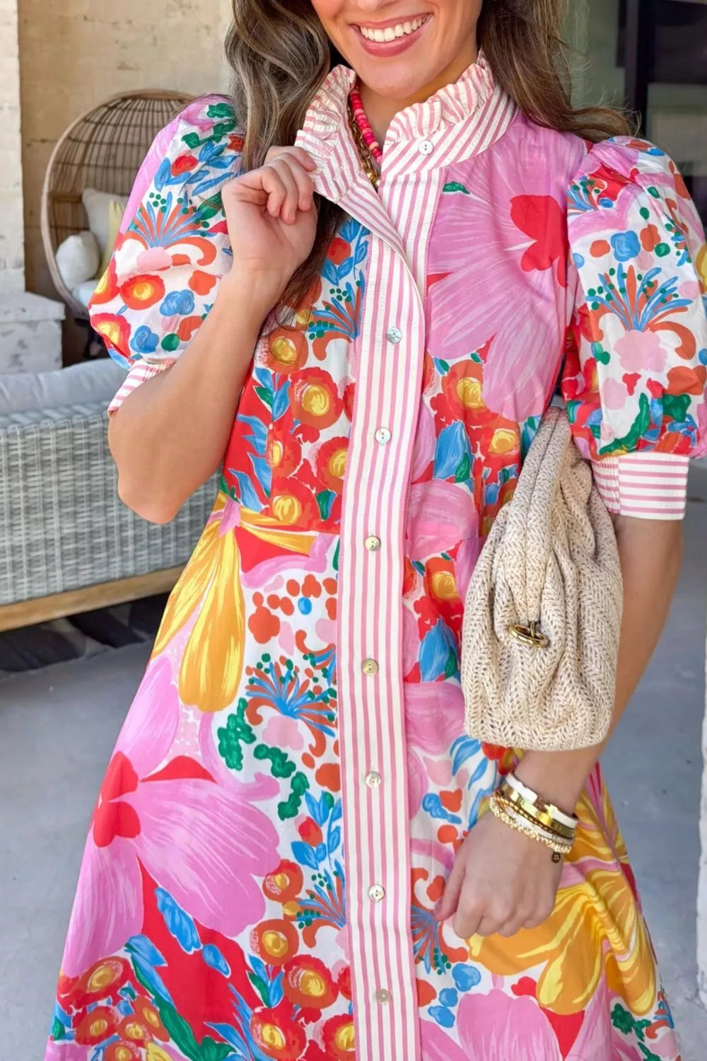 Floral Print Striped Trim Button Down Short Sleeve Maxi Dress - product image 5