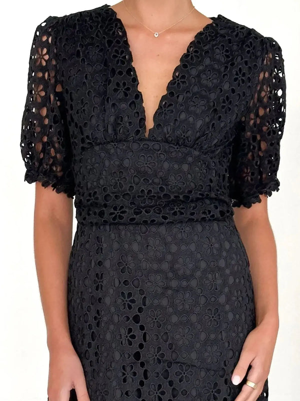 Eyelet Lace V-Neck Midi Dress with Puff Sleeves - product image 7