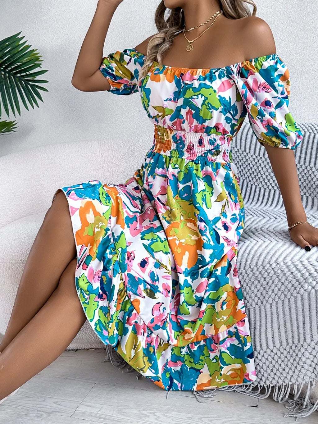Ruffled Hem Smocked Floral Short Sleeve Midi Dress - product image 6