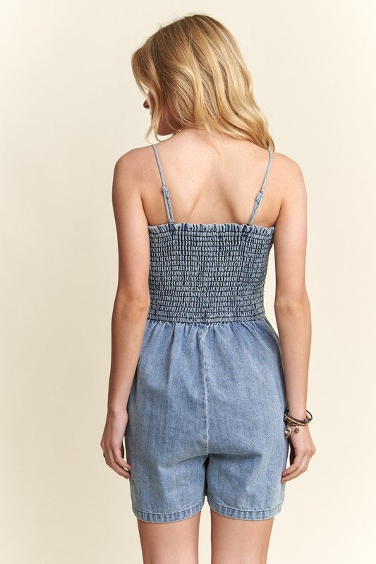 ADORA Smocked Spaghetti Strap Denim Romper