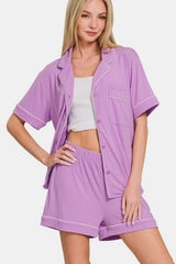 Zenana Button Down Short Sleeve Top and Shorts Lounge Set