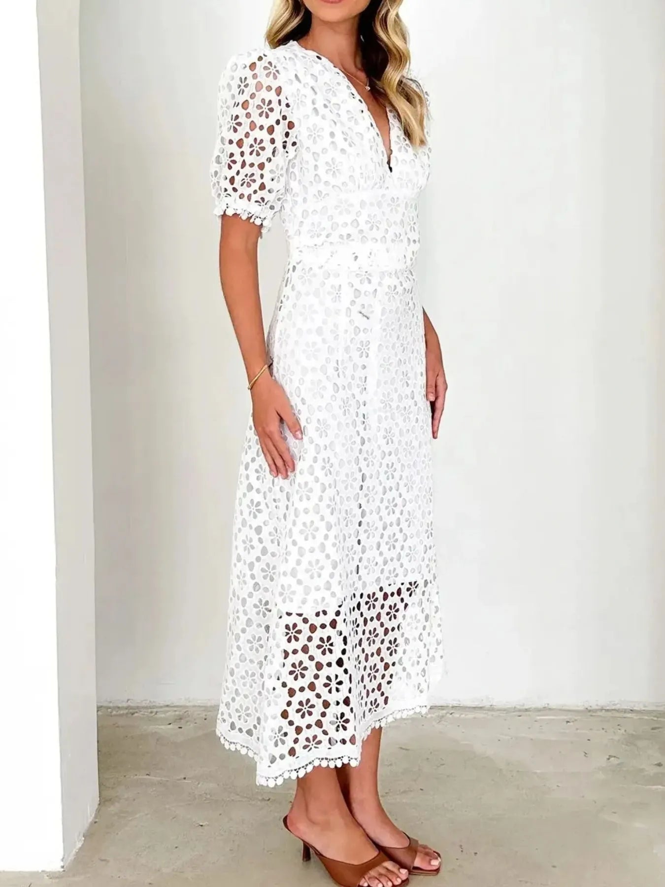 Eyelet Lace V-Neck Midi Dress with Puff Sleeves - product image 3