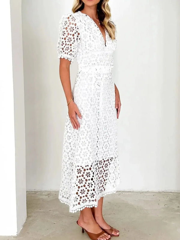 Eyelet Lace V-Neck Midi Dress with Puff Sleeves - product image 3