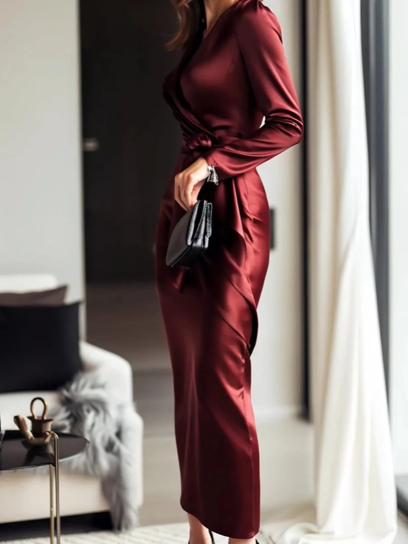 Satin Wrap Long Sleeve Midi Dress view 3 - Shopiebay