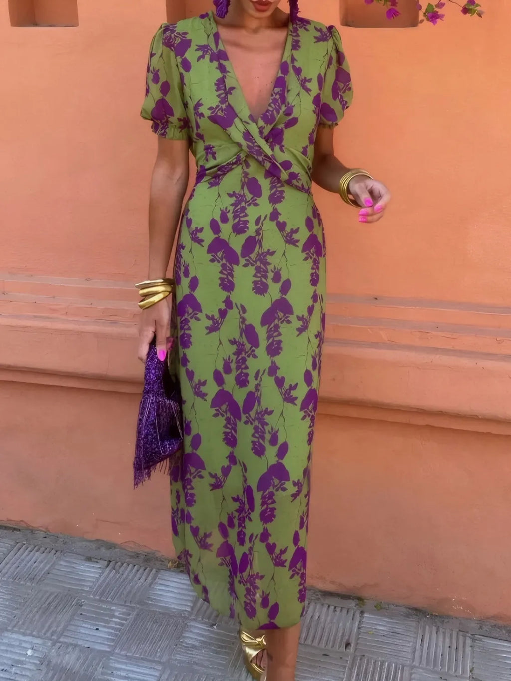 Printed Plunge Short Sleeve Midi Dress - product image 2