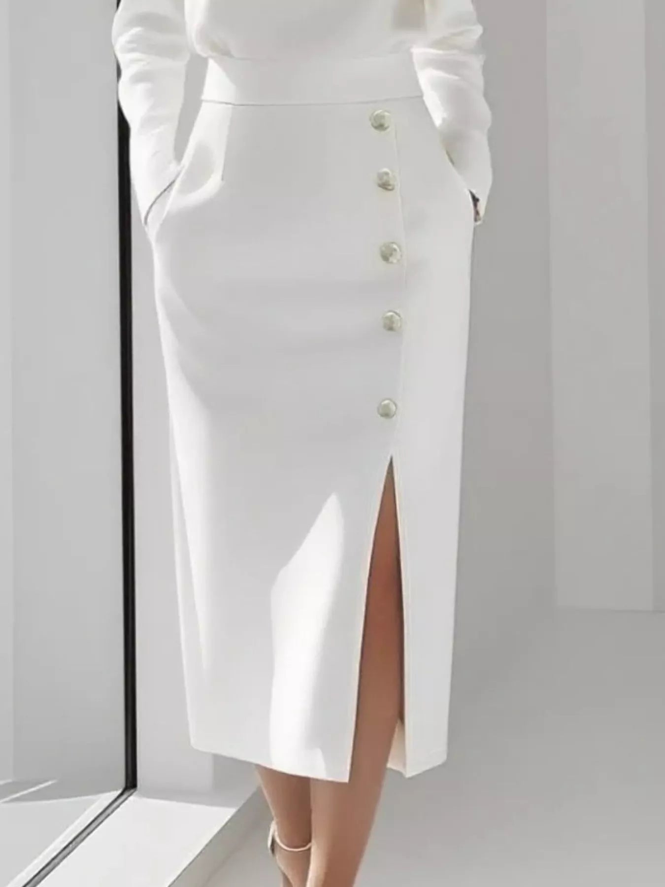 Long Sleeve Button Detail Midi Dress with Side Slit view 9 - Shopiebay