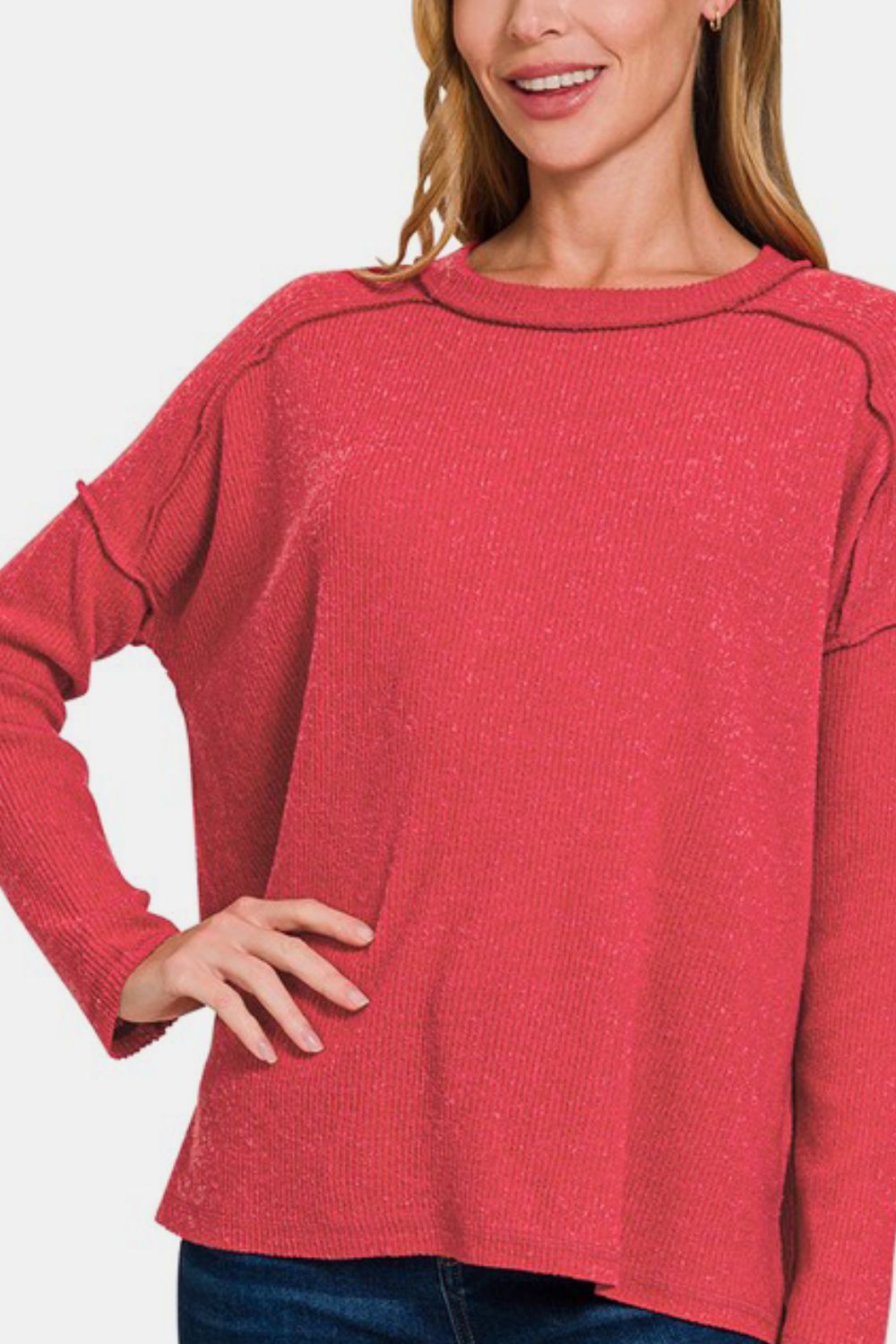 Zenana Full Size Exposed Seam Brushed Round Neck Sweater