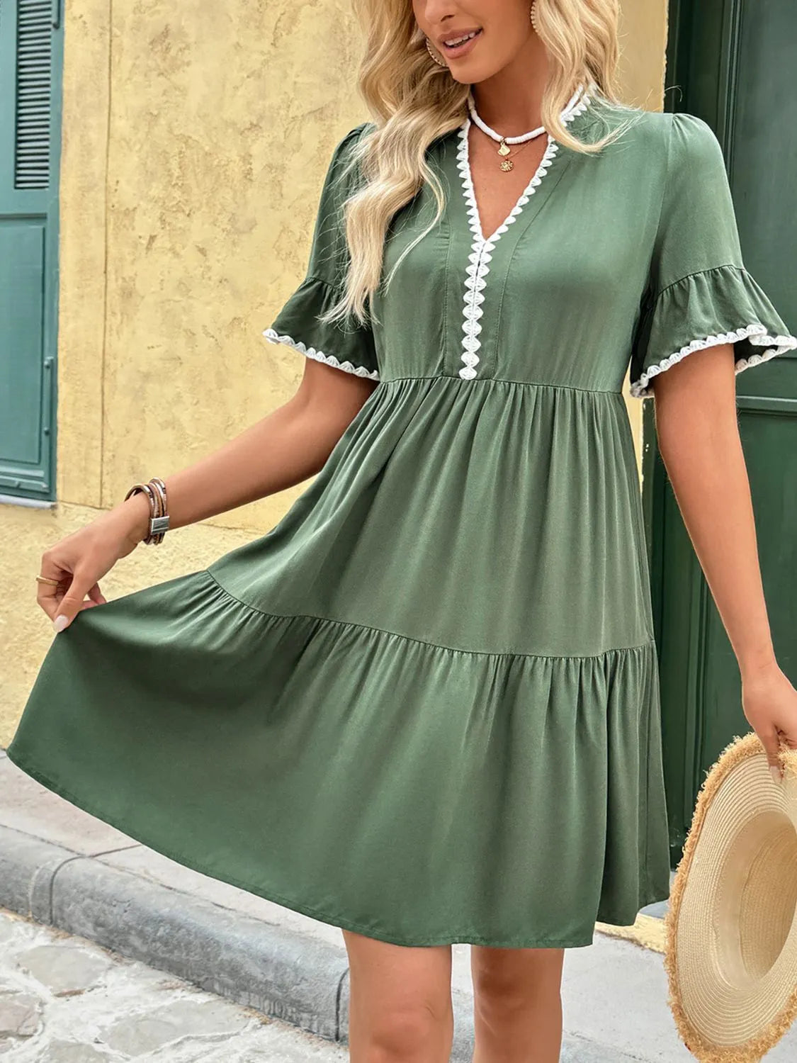 Lace Detail Notched Flounce Sleeve Mini Dress view 3 - Shopiebay