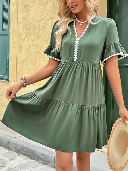 Lace Detail Notched Flounce Sleeve Mini Dress view 3 - Shopiebay