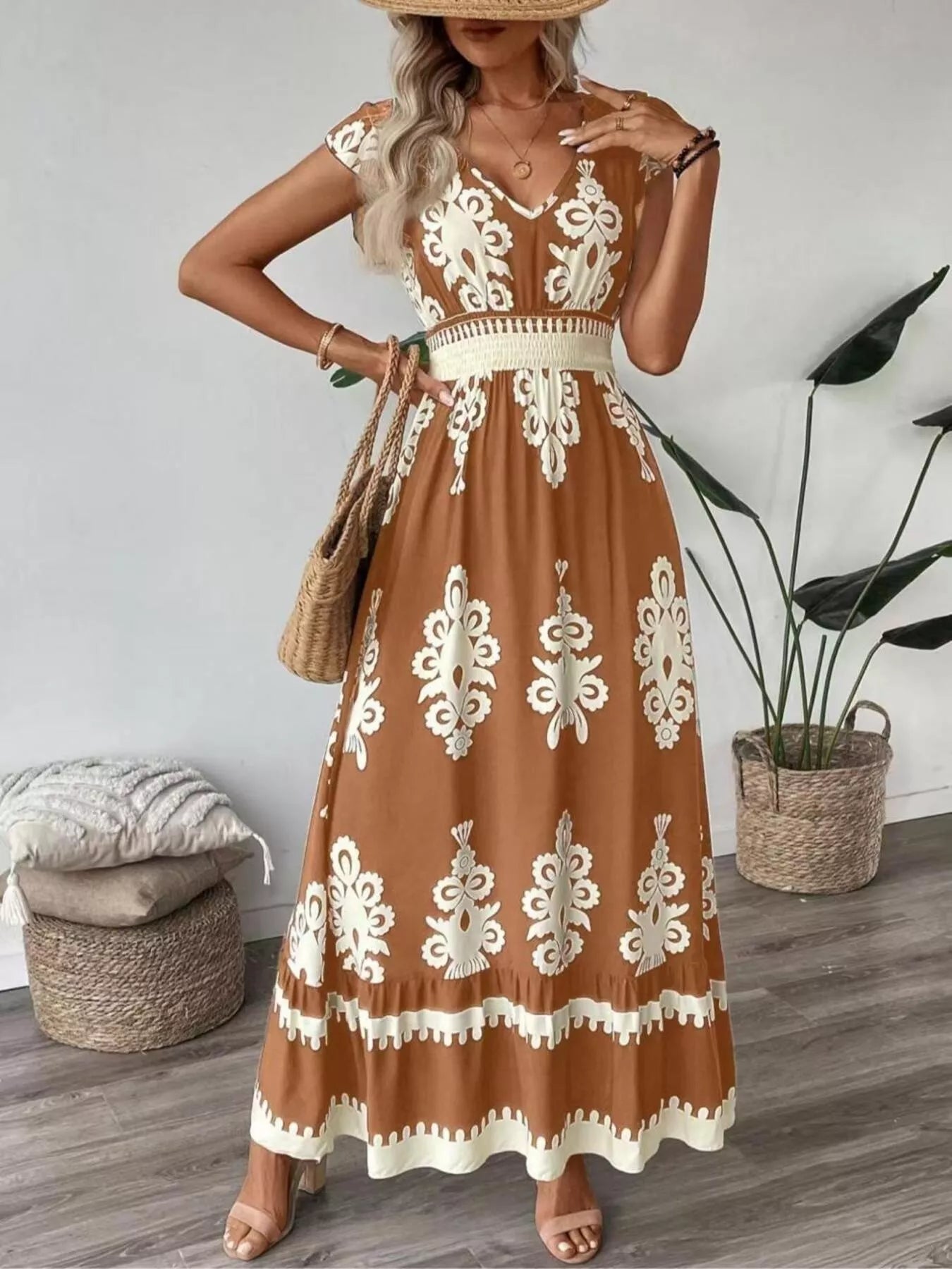 Printed V-Neck Ruffled Cap Sleeve Dress - product image 12