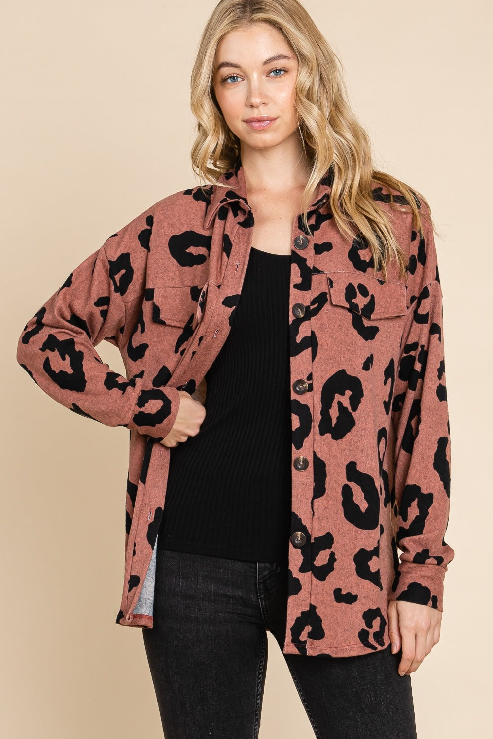 BOMBOM Animal Print Button Up Knit Shacket