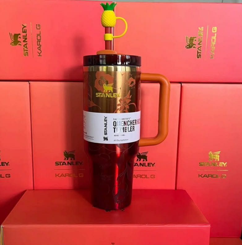 40 oz Insulated Stainless Steel Quencher Tumbler with Handle & Pineapple Straw – Burgundy Floral