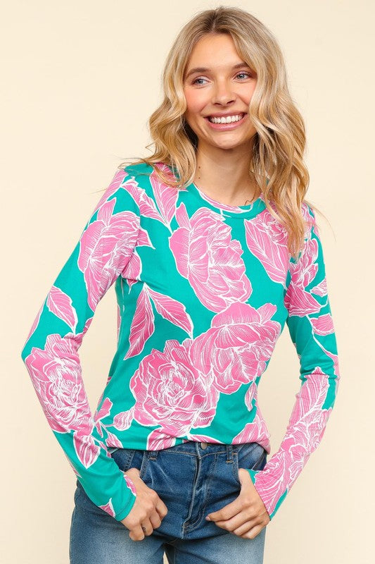 Haptics Full Size Floral Round Neck Long Sleeve T-Shirt