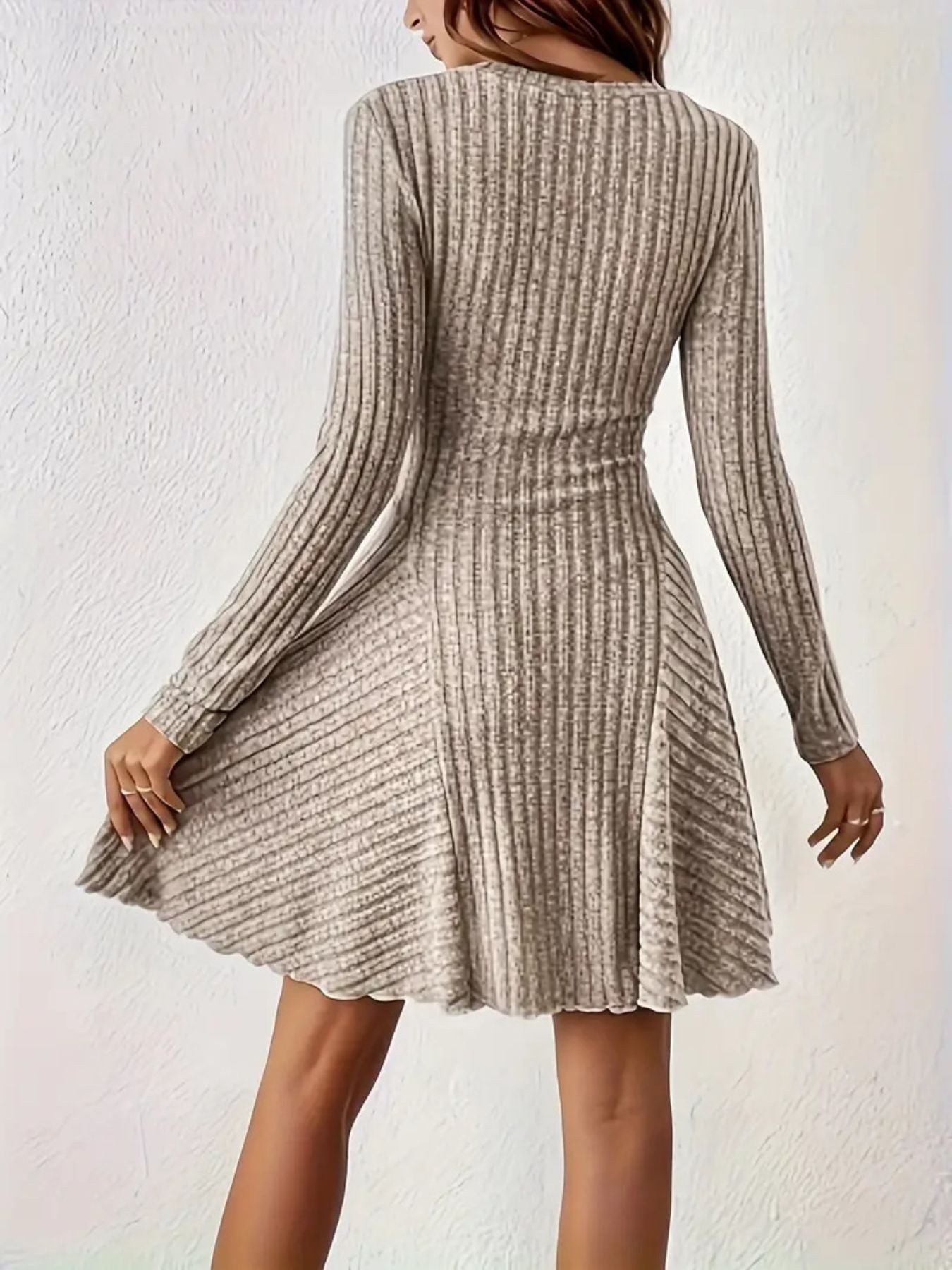 Ribbed Knit Long Sleeve A-Line Dress view 12 - Shopiebay