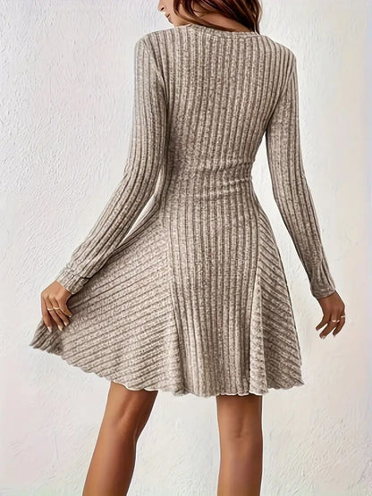 Ribbed Knit Long Sleeve A-Line Dress view 12 - Shopiebay