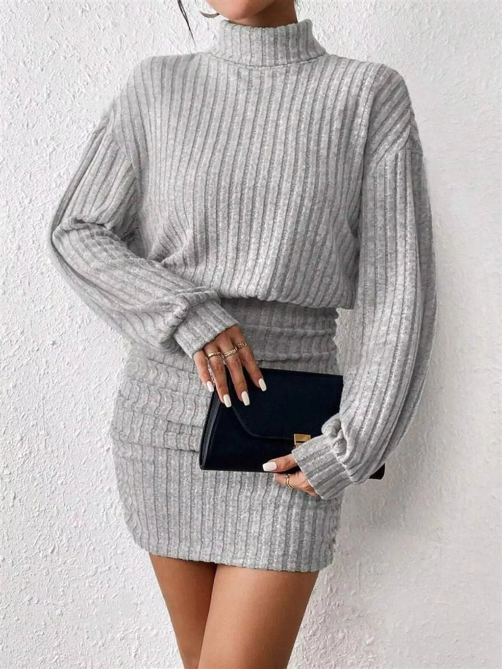 Ribbed Knit Turtleneck Bodycon Mini Dress view 4 - Shopiebay