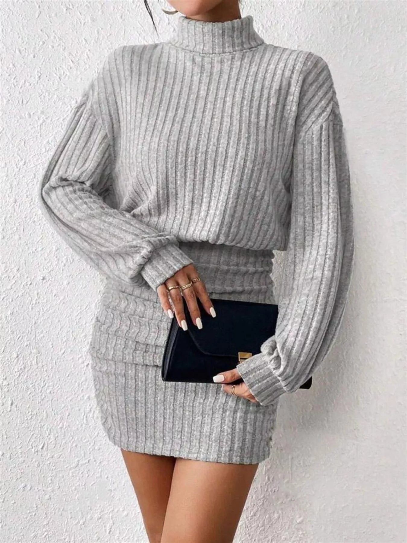 Ribbed Knit Turtleneck Bodycon Mini Dress view 4 - Shopiebay