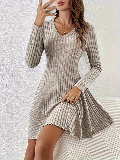 Ribbed Knit Long Sleeve A-Line Dress view 10 - Shopiebay
